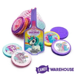 Rainbow Unicorn Foiled Milk Chocolate Coins In Mesh Bags: 18-Piece Box -Candy Promotion Store rainbow unicorn foiled milk chocolate coins in mesh bags 18 piece box candy warehouse 3